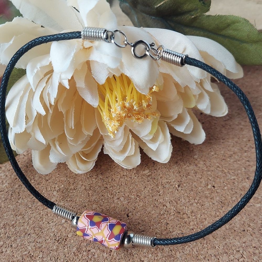 B477 Colorful Clay Beaded Anklet on Waxed Leather Cord